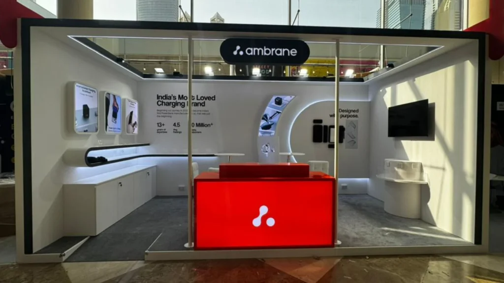 Custom Ambrane exhibition stand showcasing charging solutions by expert exhibition stand builder