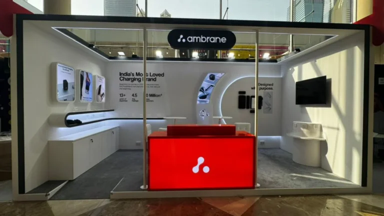 Custom Ambrane exhibition stand showcasing charging solutions by expert exhibition stand builder