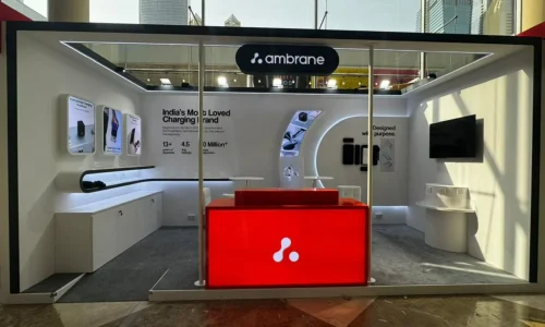 Custom Ambrane exhibition stand showcasing charging solutions by expert exhibition stand builder