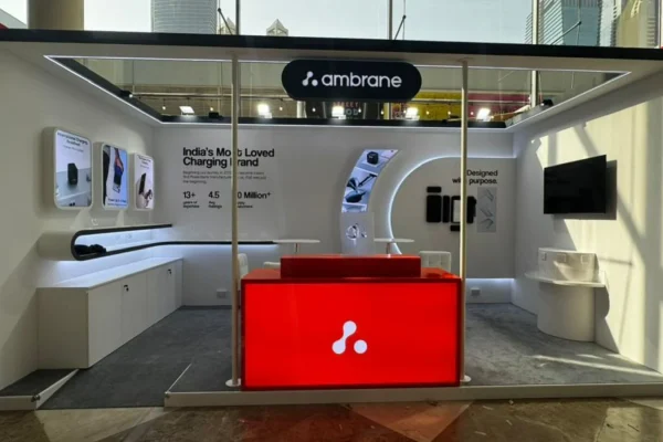 Custom Ambrane exhibition stand showcasing charging solutions by expert exhibition stand builder